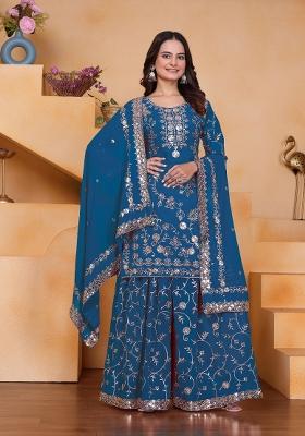 Blue Embroidered Georgette Kurta Set