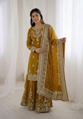 Yellow Embroidered Georgette Kurta Set