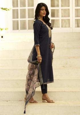 Navy Blue Embroidered Silk Kurta Set