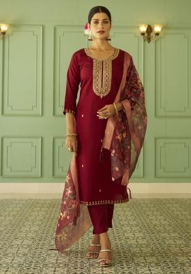 Maroon Embroidered Silk Kurta Set