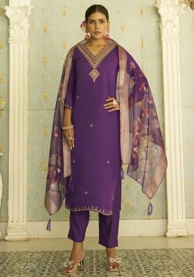 Purple Embroidered Silk Kurta Set