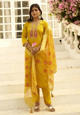 Yellow Embroidered Silk Kurta Set