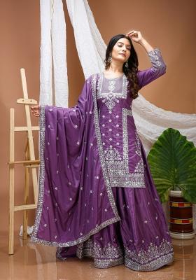Purple Embroidered Crepe Kurta Set