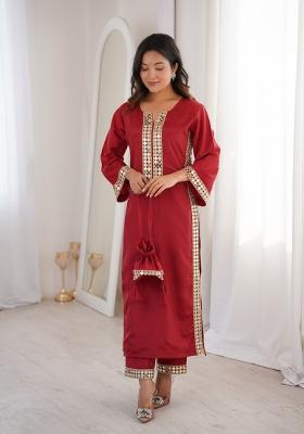 Maroon Embroidered Crepe Kurta Set