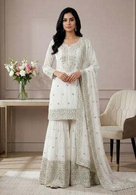 White Embroidered Chinon Kurta Set