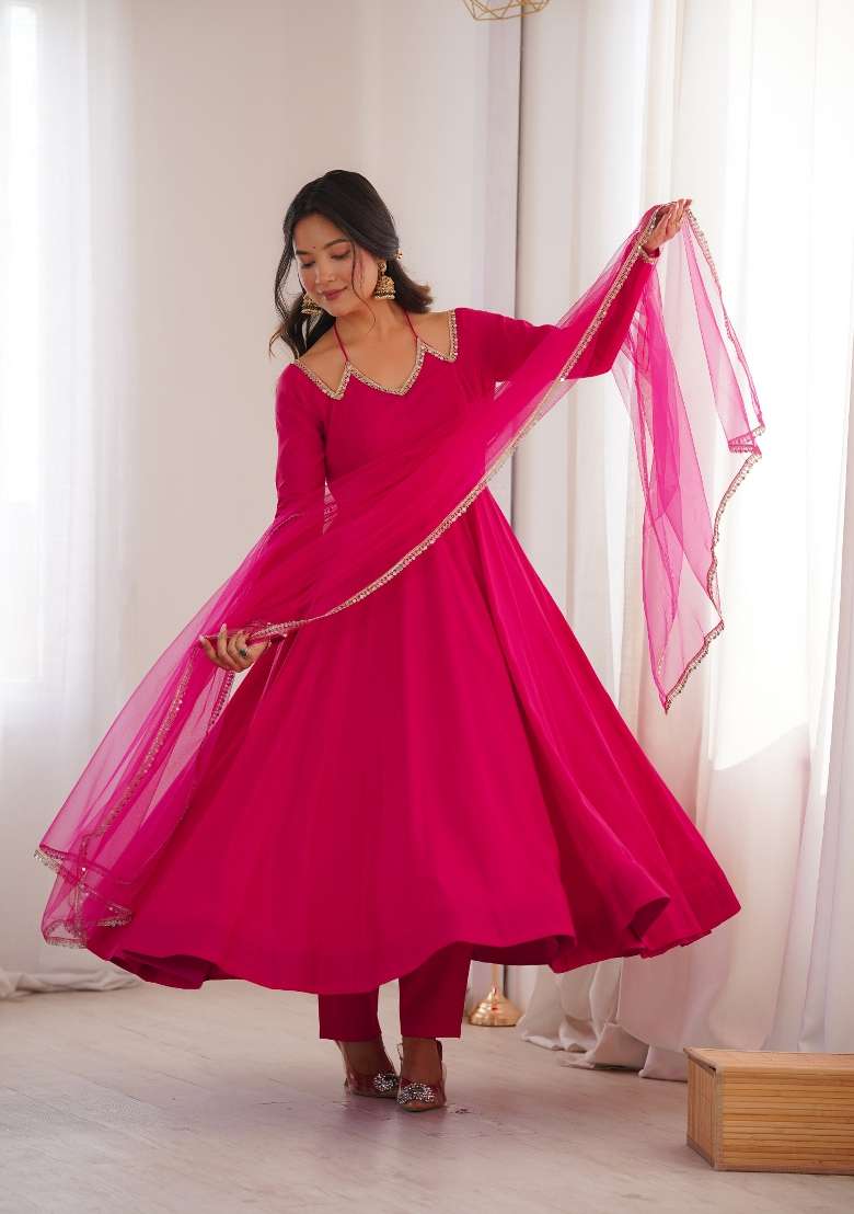 Rani Pink Embroidered Silk Kurta Set - Indya