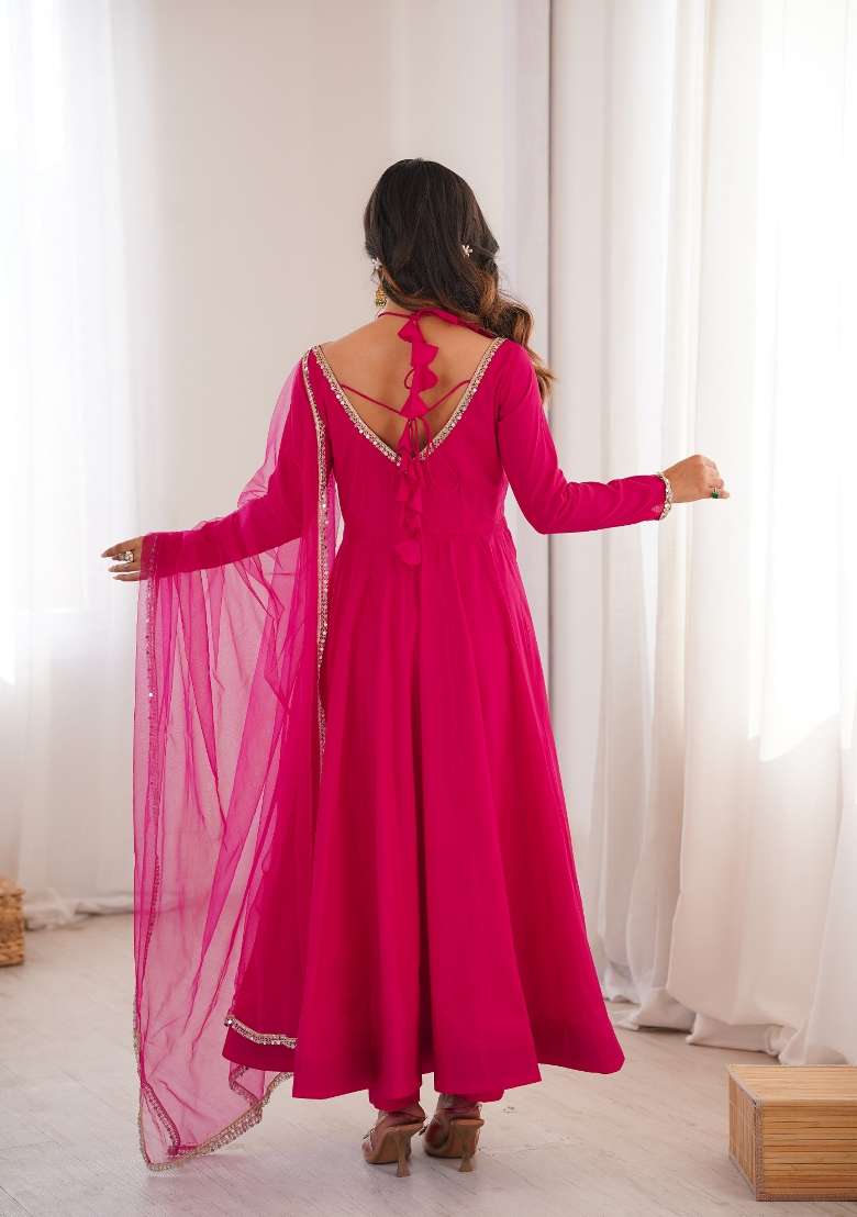Rani Pink Embroidered Silk Kurta Set - Indya