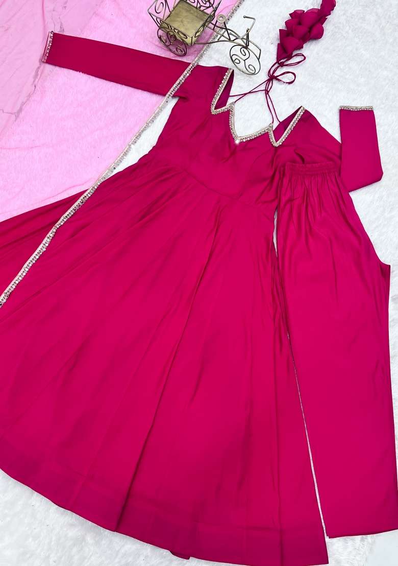 Rani Pink Embroidered Silk Kurta Set - Indya