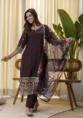 Brown Embroidered Silk Kurta Set