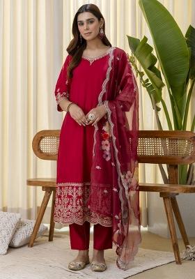 Red Embroidered Silk Kurta Set