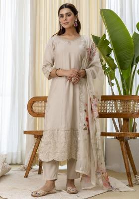 Cream Embroidered Silk Kurta Set
