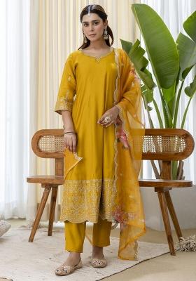 Mustard Embroidered Silk Kurta Set
