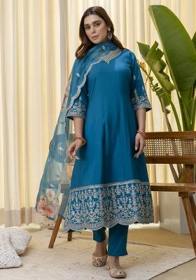 Royal Blue Embroidered Silk Kurta Set