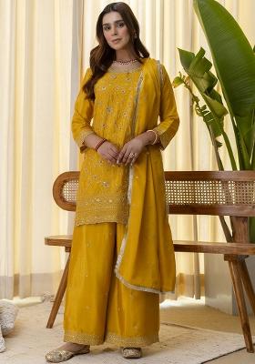 Mustard Embroidered Silk Kurta Set