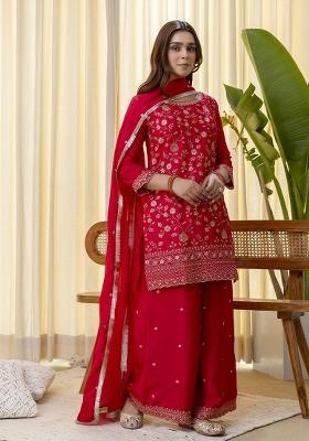 Rani Pink Embroidered Silk Kurta Set