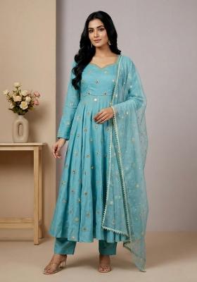 Sky Blue Embroidered Vichitra Kurta Set