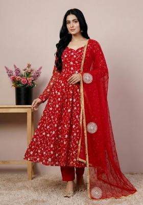 Red Embroidered Georgette Kurta Set