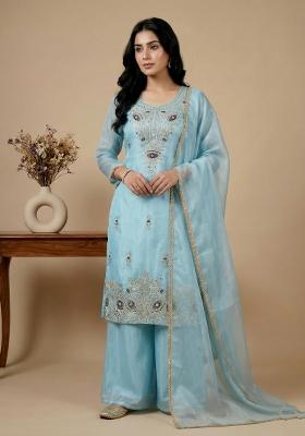 Sky Blue Embroidered Silk Kurta Set