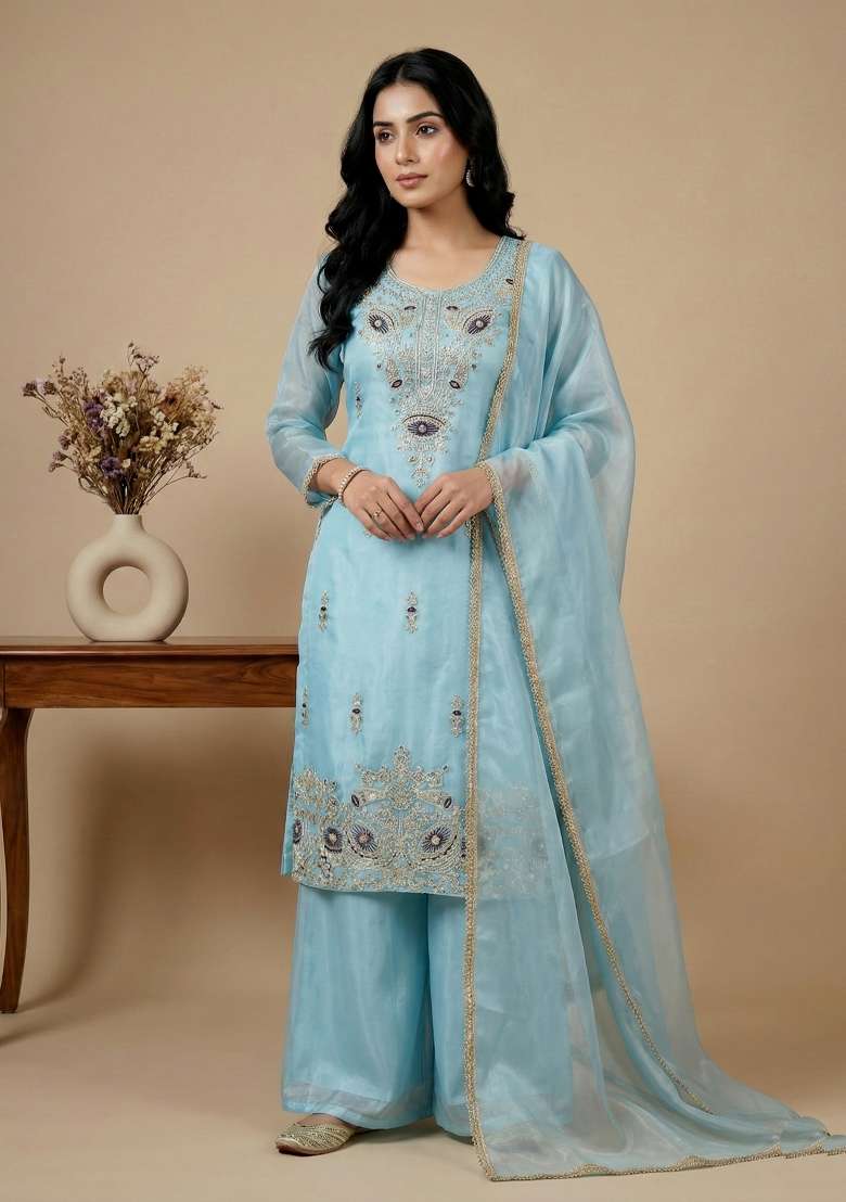 Sky Blue Embroidered Silk Kurta Set - Indya