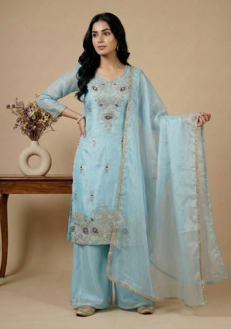 Sky Blue Embroidered Silk Kurta Set - Indya