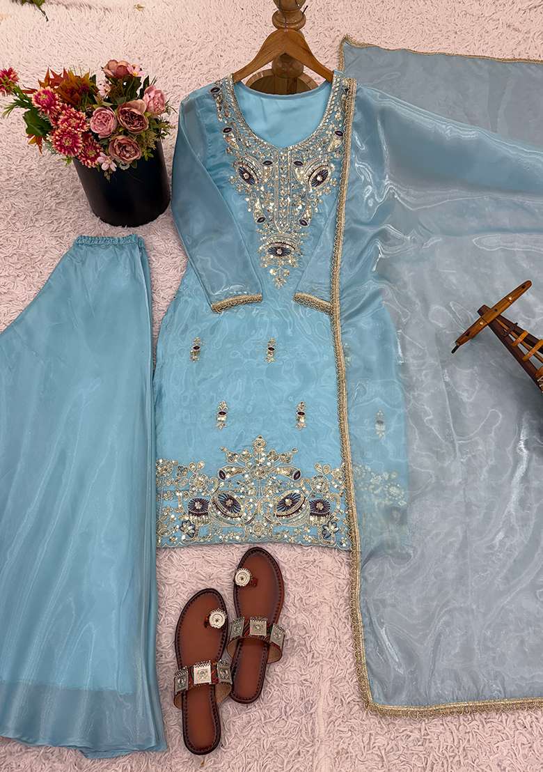 Sky Blue Embroidered Silk Kurta Set - Indya