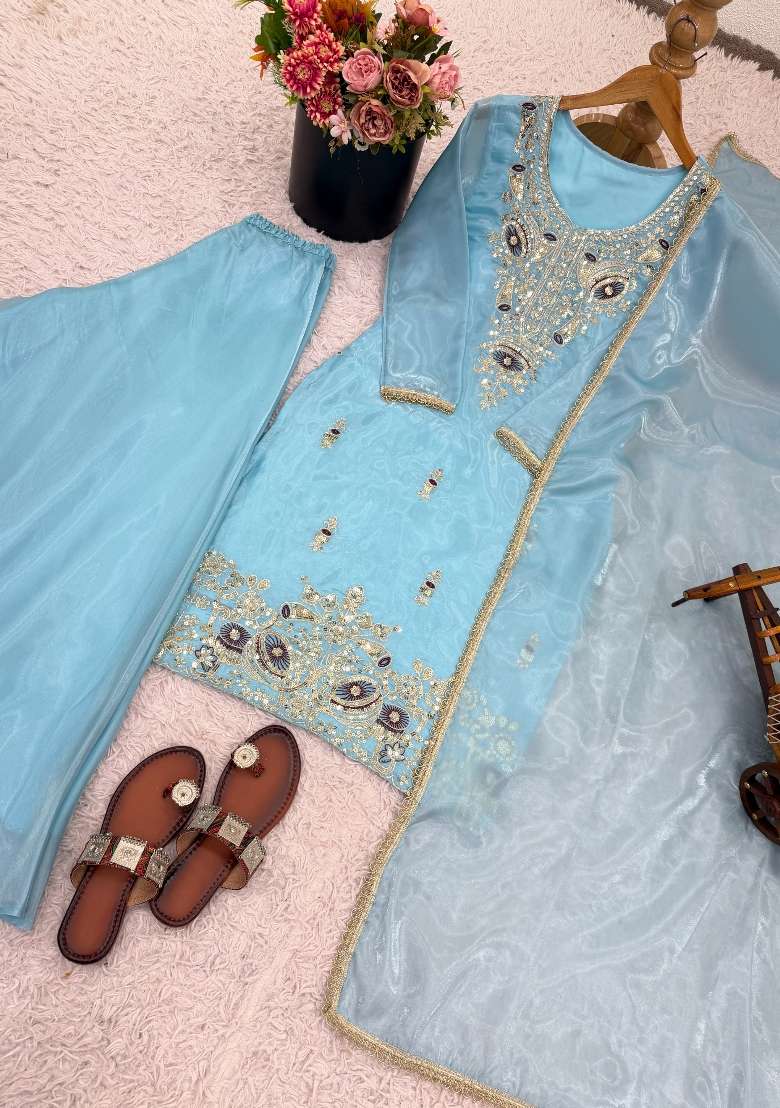 Sky Blue Embroidered Silk Kurta Set - Indya