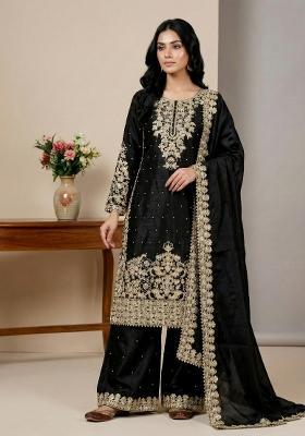 Black Embroidered Silk Kurta Set