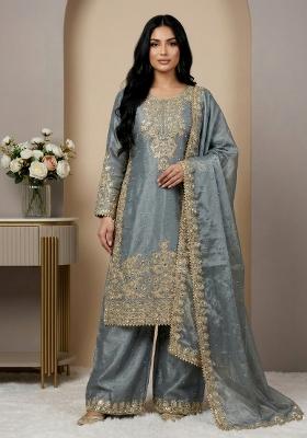 Grey Embroidered Silk Kurta Set