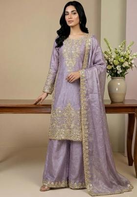 Lavender Embroidered Silk Kurta Set