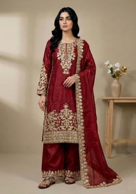 Red Embroidered Silk Kurta Set
