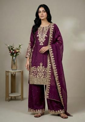 Wine Embroidered Silk Kurta Set