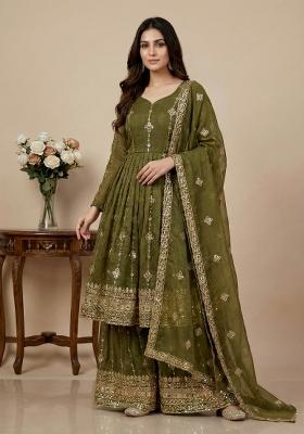 Mehendi Embroidered Silk Kurta Set