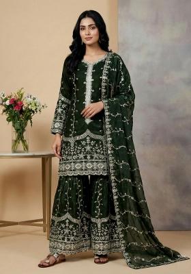 Dark Green Embroidered Silk Kurta Set