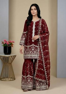 Maroon Embroidered Silk Kurta Set