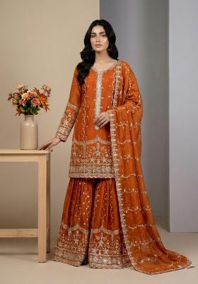Orange Embroidered Silk Kurta Set
