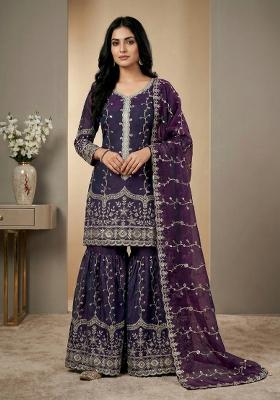 Purple Embroidered Silk Kurta Set