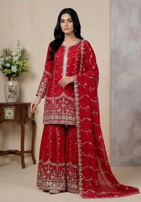 Red Embroidered Silk Kurta Set
