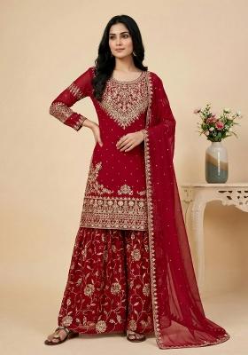 Red Embroidered Georgette Kurta Set
