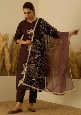 Brown Embroidered Silk Kurta Set