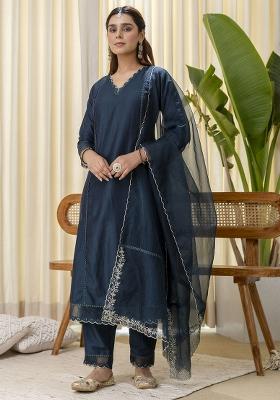 Teal Embroidered Silk Kurta Set