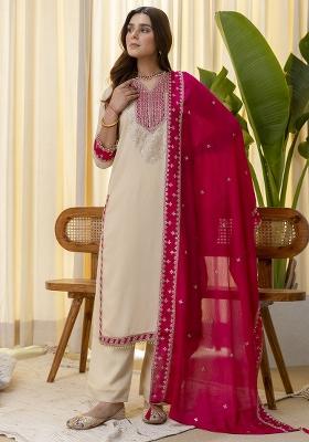 Cream Embroidered Silk Kurta Set