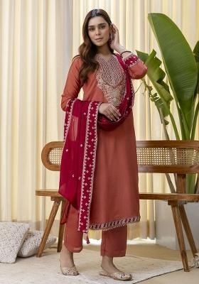 Peach Embroidered Silk Kurta Set