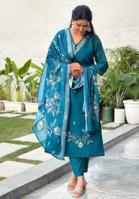 Teal Embroidered Silk Kurta Set