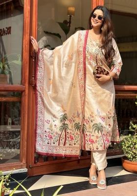 Cream Embroidered Silk Kurta Set