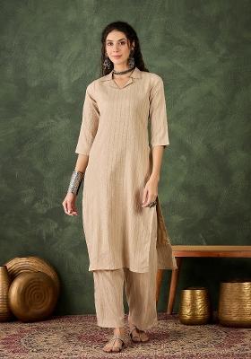 Cream Embroidered Silk Kurta Set