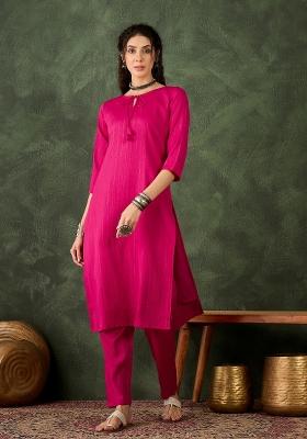 Rani Pink Embroidered Silk Kurta Set