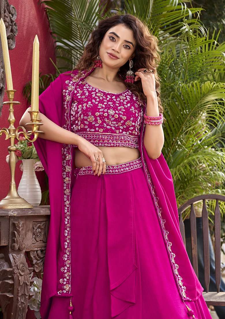 Pink Embroidered Vichitra Kurta Set - Indya