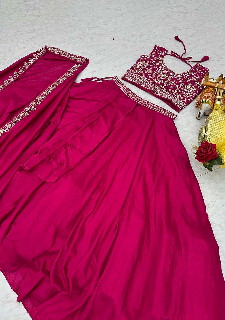 Pink Embroidered Vichitra Kurta Set - Indya