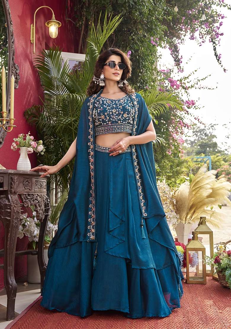 Teal Embroidered Vichitra Kurta Set - Indya