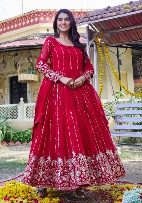 Purple Embroidered Georgette Kurta With Dupatta